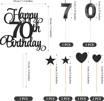 70th Birthday Cake Decorations, 70th Birthday Candles Cake Numeral Candles and Glitter Happy 70th Birthday Cake Toppers Set for Birthday Party Supplies (Black)