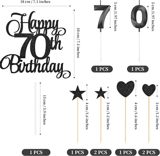 70th Birthday Cake Decorations, 70th Birthday Candles Cake Numeral Candles and Glitter Happy 70th Birthday Cake Toppers Set for Birthday Party Supplies (Black)