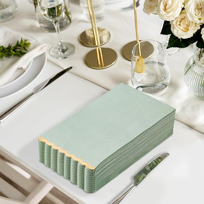 50 Sage Green Paper Napkins Decorative, Gold Foil Scalloped Edged Guest Napkins Disposable, Dinner Napkins for Wedding, Shower Baby, Birthday Parties Supplies(4 x 8 In, Sage Green)