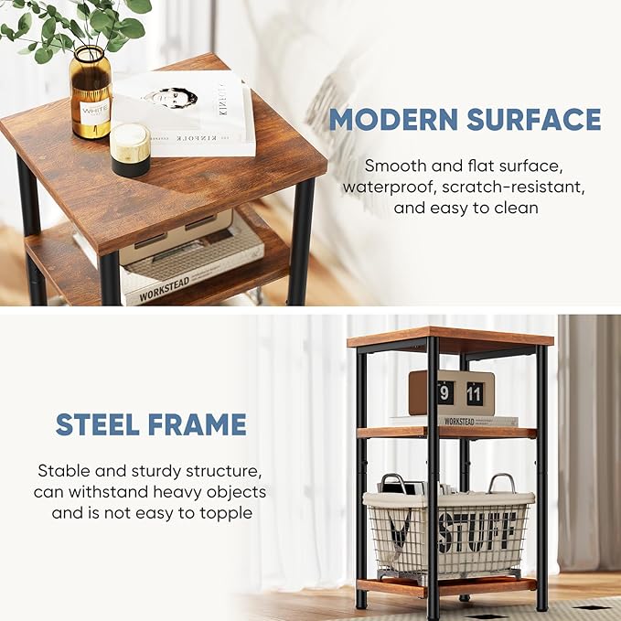 OLIXIS 3 Tier End Table for Small Space, Side Sofa Tables Storage Shelf, Nightstand with Adjustable Feet for Living Room, Bedroom, Office, Set of 2, Rustic Brown
