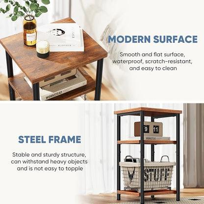 OLIXIS 3 Tier End Table for Small Space, Side Sofa Tables Storage Shelf, Nightstand with Adjustable Feet for Living Room, Bedroom, Office, Set of 2, Rustic Brown