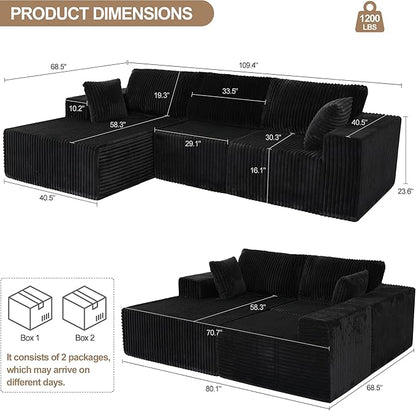 L Shaped Modular Boneless Sectional Couches for Living Room, Wide Armrest, Deep Seat, Memory Foam, Assembly Free, Modern Comfy Corduroy Fluffy Cloud Sofa with Left Chaise, Black