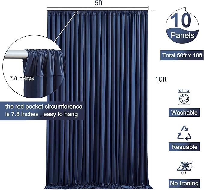 10 Panels Navy Blue Backdrop Curtain for Parties Wrinkle Free Photo Curtains Backdrop Drapes Fabric Decoration for Wedding Birthday Party Baby Shower 50ft(W) x 10ft(H)