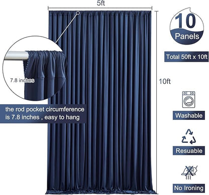 10 Panels Navy Blue Backdrop Curtain for Parties Wrinkle Free Photo Curtains Backdrop Drapes Fabric Decoration for Wedding Birthday Party Baby Shower 50ft(W) x 10ft(H)