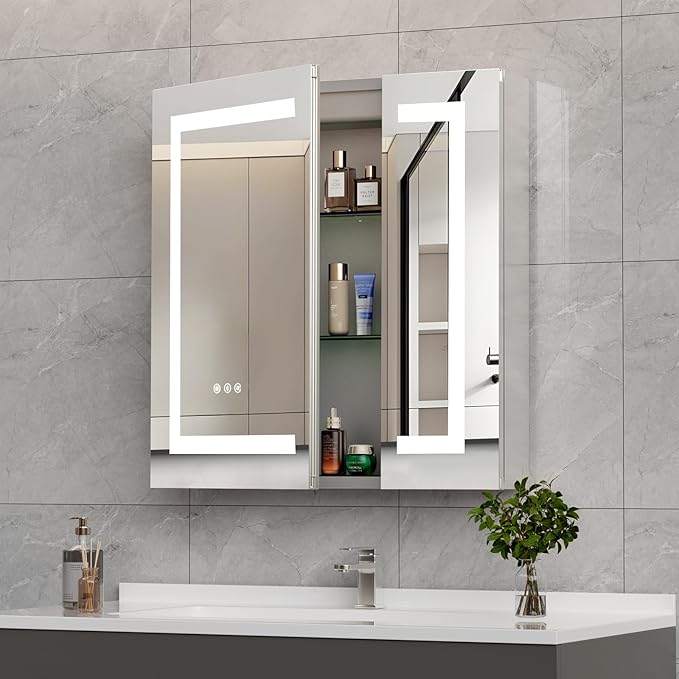 LED Bathroom Mirror 24 * 26 Stepless Dimmable Wall Mirrors with Anti-Fog, Shatter-Proof, Memory, 3 Colors, Memory Function, Water Proof, Decor Vanity Mirror