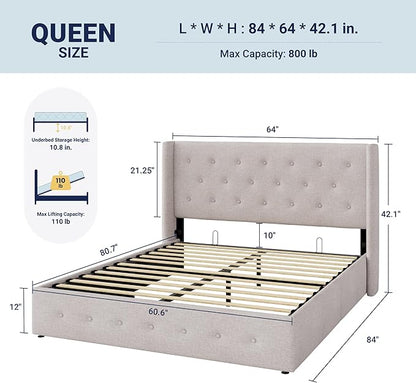 Allewie Queen Size Lift Up Storage Bed, Button Tufted Headboard with Wingback, Hydraulic Support, No Box Spring Needed, Light Beige