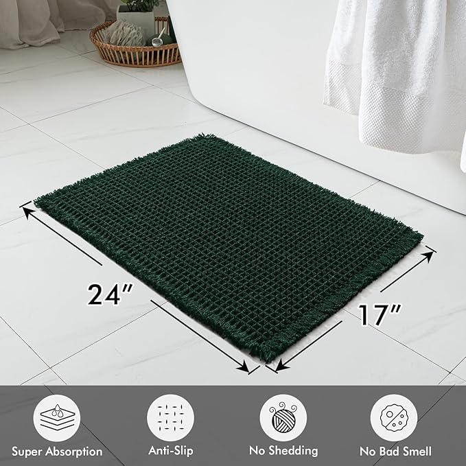 MIULEE Dark Green Set of 2 Waffle Bathroom Rugs, Boho Bath Rugs Non Slip Washable, Super Absorbent Bath Mats, Ultra Soft Rubber Backed Shower Mats for Bathroom Floor, Tub, 17x24 Inch
