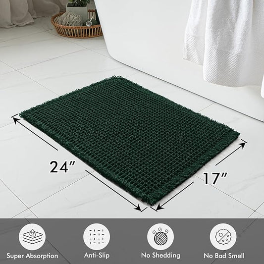MIULEE Dark Green Set of 2 Waffle Bathroom Rugs, Boho Bath Rugs Non Slip Washable, Super Absorbent Bath Mats, Ultra Soft Rubber Backed Shower Mats for Bathroom Floor, Tub, 17x24 Inch