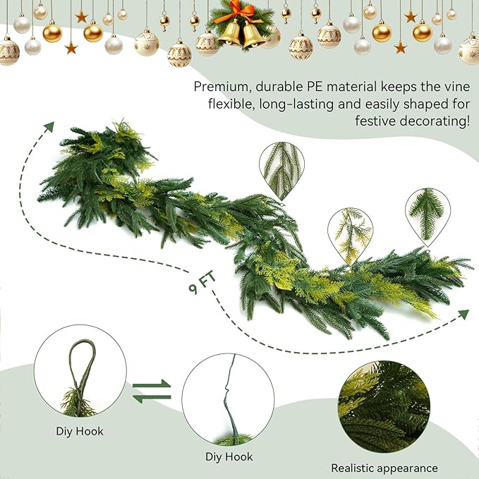 Norfolk Pine Garland Artificial Real Touch Green Thick Cedar Cypress Spruce 9FT Greenery Christmas Decor for Mantle Fireplace Wall Table Railings Indoor Outdoor Xmas Decorations