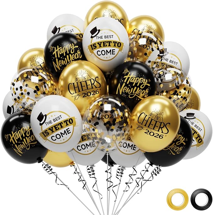 62 Pack Black and Gold New Years Balloons 2026 New Years Decorations - 12 Inch New Year Eve Party Supplies 2026 New Year Eve Balloons with Ribbons - Black Gold Nye Party Decorations Nye Balloon
