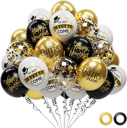 62 Pack Black and Gold New Years Balloons 2026 New Years Decorations - 12 Inch New Year Eve Party Supplies 2026 New Year Eve Balloons with Ribbons - Black Gold Nye Party Decorations Nye Balloon