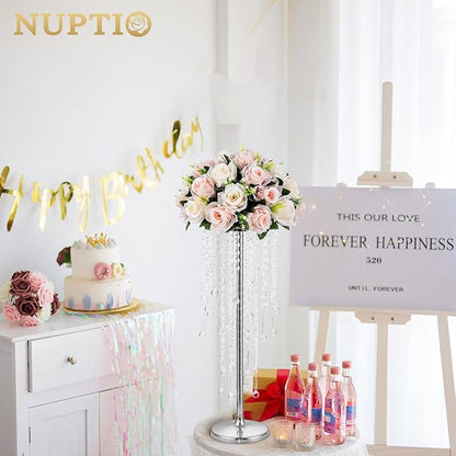 NUPTIO Silver Crystal Wedding Centerpieces - 2 Pcs 21.7in Tall Flower Vases for Party Tables Decorations