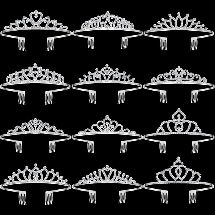Remuuly 12 Pcs Princess Tiara for Women Silver Queen Tiara Rhinestone Hair Accessories, Princess Headbands Bulk for Bridal Wedding Birthday Prom Christmas Party, with Comb