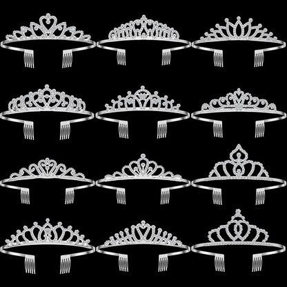 Remuuly 12 Pcs Princess Tiara for Women Silver Queen Tiara Rhinestone Hair Accessories, Princess Headbands Bulk for Bridal Wedding Birthday Prom Christmas Party, with Comb