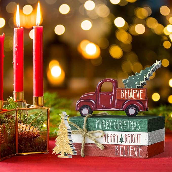 Smile Christmas Wooden Books Stack, Blieve Merry Bright Faux Books Bundle, Red Car Golden Trees Tiered Tray Decorations, for Home Table Mantle Shelf.