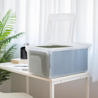 IRIS USA File Box, File Organizer w/Hinged Split Lid for Letter File, Important Document Box, Plastic Storage Filing Bin for Moving, Stackable Nestable Portable, Clear 44 Qt. 5 Pack