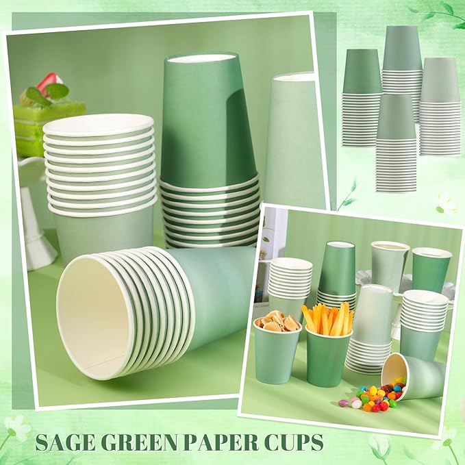 100 Pack Sage Green Paper Cups 9oz Gradient Sage Green Party Cups Disposable Paper Cups, Drinking Cups for Wedding Birthday Baby Shower Party Supplies