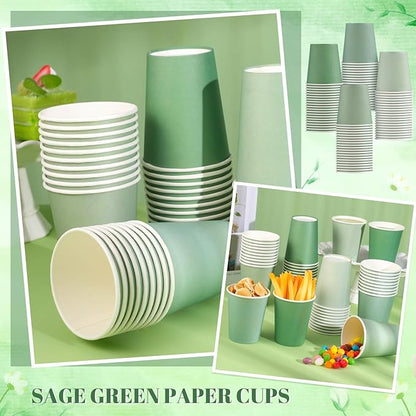100 Pack Sage Green Paper Cups 9oz Gradient Sage Green Party Cups Disposable Paper Cups, Drinking Cups for Wedding Birthday Baby Shower Party Supplies