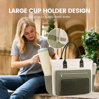 LOVEVOOK 17 Inch Laptop Tote Bag for Women, Teacher Nurse Work Bags, Laptop Bag With Large Cup Holder, Professional Briefcase Business Computer Purses Handbag Gifts,Light Green-Beige-Olive Green