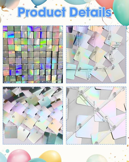Iridescent Silver Shimmer Square Sequin Wall Panel Backdrop Decoration for Wedding,Anniversary,Birthday,Party,Photo Backdrop,24 Panels Cover 6 x 4 Ft