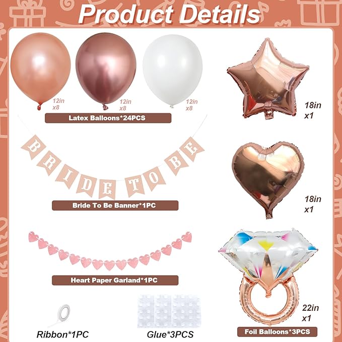 Bridal Shower Decorations Rose Gold Bridal To Be Balloon Set with Star Heart Diamond Ring Foil Balloons Bunting Banner Heart Paper Garland Rose Gold White Bachelorette Marriage Engagement Party Women