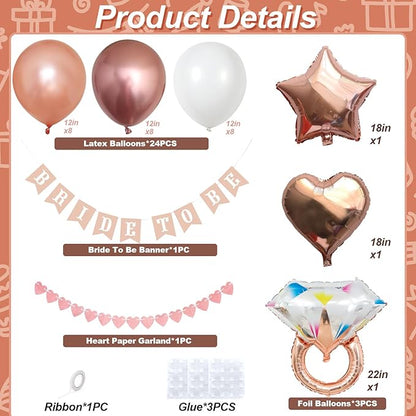 Bridal Shower Decorations Rose Gold Bridal To Be Balloon Set with Star Heart Diamond Ring Foil Balloons Bunting Banner Heart Paper Garland Rose Gold White Bachelorette Marriage Engagement Party Women