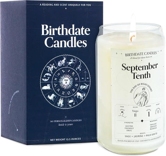 The Original Birthdate Candles, September 10 - Virgo Zodiac Scented Candles Birthday Gift - Sage, Jasmine & Palo Santo Scent - All-Natural Soy & Coconut Wax, 60-80 Hour Burn Time - Made in USA