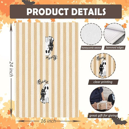 Halloween Black Cat Kitchen Towels, Cat Lover Mom Lady Gifts Dish Tea Towels for Kitchen Decor, Orange Striped Halloween Ghost Decorative Hand Towel for Bathroom, 16x24 Inches