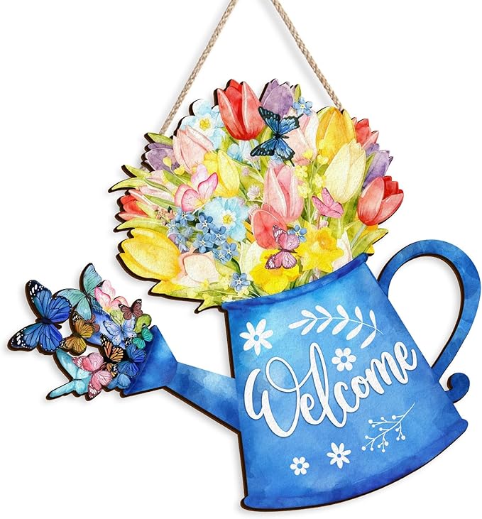 Kercan Easter Cross Wall Decoration with Purple Fabric, White Lily Flowers and Dove, He is Risen Wood Sign, 14.2x9.8 Inch Religious Home Decor (Water Can)