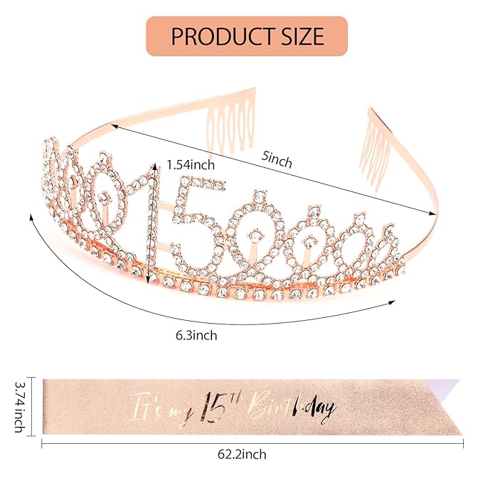 CIEHER 15th Birthday Crown + 15th Birthday Sash + Pearl Pin Set, 15th Birthday Gifts for Girls It's My 15th Birthday Decorations Women Happy 15th Birthday Party Supplies
