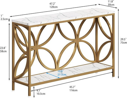 GiftGo Narrow Sofa Table 47.2 Inch, Industrial Sofa Table Behind Couch, Vintage Entry Console Table with Storage for Entryway, Living Room, Foyer, Elegant Design (White and Gold, 47.2)