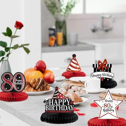 Happy 80th Birthday Decorations,80th Bday Red Glitter Shiny Stand Honeycomb Table Centerpieces - Cheers to Eighty Years Old Birthday Party Photoprop Gift Sign.