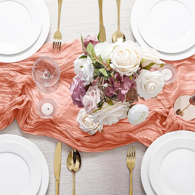 10 Pack Coral Peach Cheesecloth Table Runner 10FT Sheer Coral Cheese Cloth Table Runners Boho Gauze 120 Inches Table Decorations for Wedding Bridal Baby Shower Fall Thanksgiving Decor