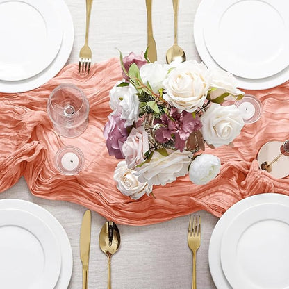 10 Pack Coral Peach Cheesecloth Table Runner 10FT Sheer Coral Cheese Cloth Table Runners Boho Gauze 120 Inches Table Decorations for Wedding Bridal Baby Shower Fall Thanksgiving Decor