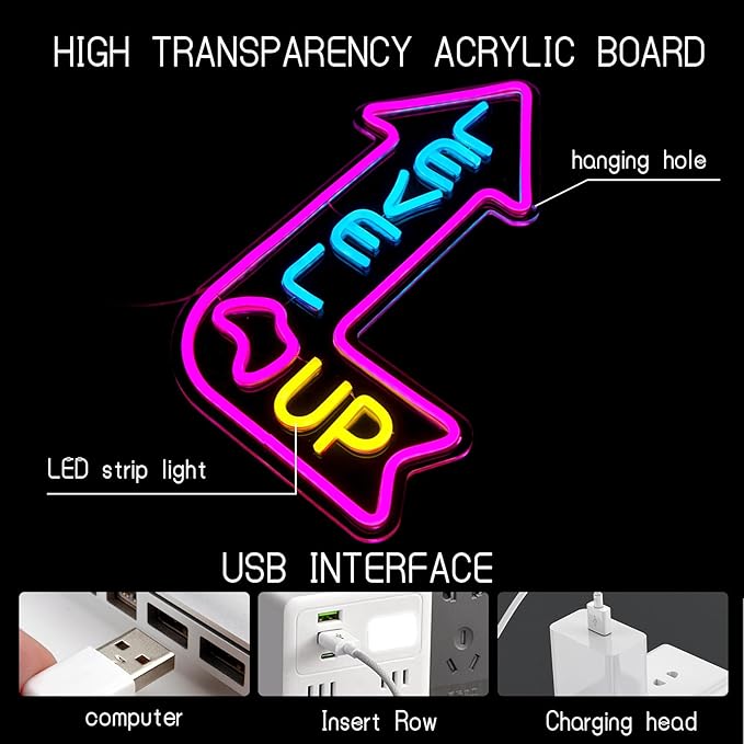 Level Up Neon Sign for Gamer Room Dimmable Game Neon Sign LED Gaming Light up Sign for Man Cave Game Room Zone Home Bedroom Party Decoration for Gamer, Boys, Teens