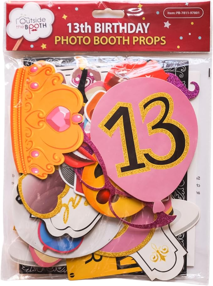 13th Birthday Photo Booth Props - 41-pc Photo Prop Kit with 8 x 10-Inch Sign, 60 Adhesive Pads, 45 Sticks - Teen Girl Photo Booth Props - Party Supplies 13th Birthday