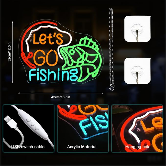 Lucunstar Let's Go Fishing Neon Sign Dimmable Fish Neon Light for Wall Decor LED USB Powered Fishing Hook Lights for Bedroom Living Room Man Cave Yacht Decor Men Gifts