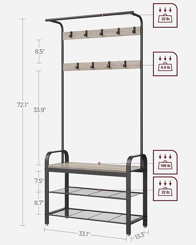 VASAGLE Coat Rack, Hall Tree with Shoe Bench for Entryway, Entryway Bench with Coat Rack, 4-in-1, with 9 Removable Hooks, a Hanging Rod, 13.3 x 33.1 x 72.1 Inches, Greige and Black UHSR400B02