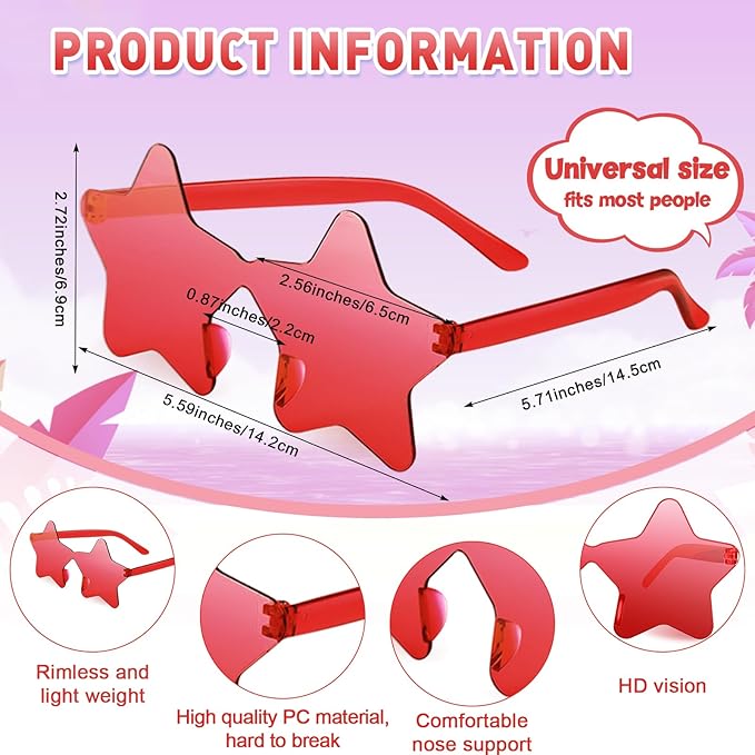 10/20/30/40 Pack Star Sunglasses Rimless Transparent Pentagram Shaped Sunglasses Bulk Party Favor Glasses for Women (20, Red)