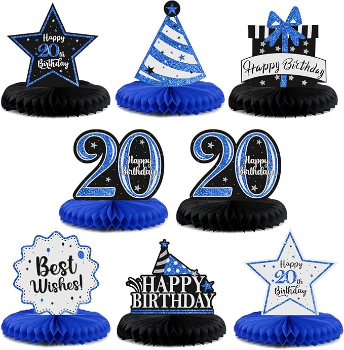Happy 20th Birthday Decorations,20th Birthday Blue Glitter Shiny Stand Honeycomb Table Centerpieces - Cheers to Twenty Years Old Birthday Party Photoprop Gift Sign.