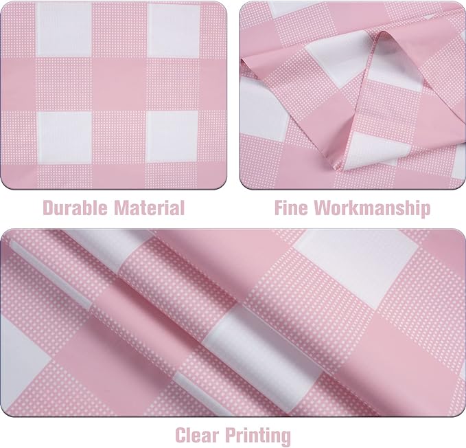 Kesfey 12 Packs Pink Gingham Tablecloth 54 x 108 Inches Pink and White Checkered Table Cloths Party Picnic Disposable Table Covers Splashproof Plastic Checkered Gingham Tablecover for Dinners Party