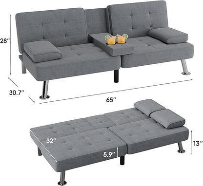 Flamaker Futon Sofa Bed Modern Folding Futon Set Linen Fabric Convertible Recliner Lounge for Living Room with 2 Cup Holders, Removable Armrests (Fabric, Grey)