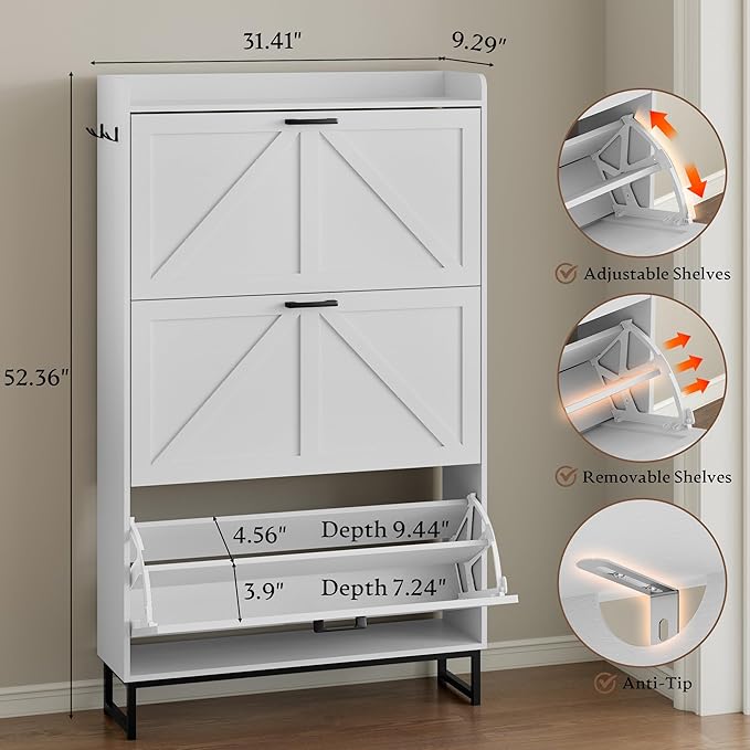 Shoe Cabinet with 3 Flip Drawers Narrow Shoe Storage Cabinet Organizer Wooden Freestanding Shoe Rack Hidden Slim Shoes Storage Cabinet for Entryway, Hallway, Living Room, Bedroom