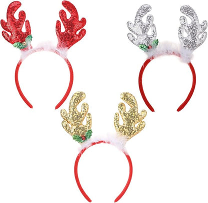 Christmas Reindeer Antlers Headband, 3 PCS Glitter Elk Antlers Hair Bands, Gold Sequin Deer Antler Headwear for Women Girls Xmas Cosplay Costume Hair Accessories Holiday Party Favor Supplies