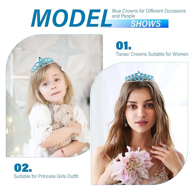 10 Pcs Blue Tiaras Crowns Headband for Women Girls - Bulk Blue Crystals Princess Crowns Tiara for Princess Outfits Costume Prom Accessories Halloween Cosplay Parties