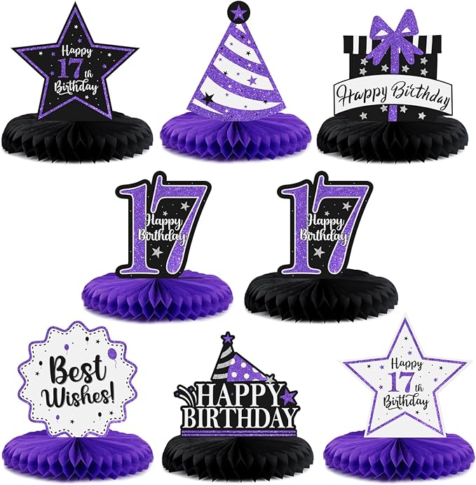 Happy 17th Birthday Decorations,17th Birthday Purple Glitter Shiny Stand Honeycomb Table Centerpieces - Cheers to Seventeen Years Old Birthday Party Photoprop Gift Sign.