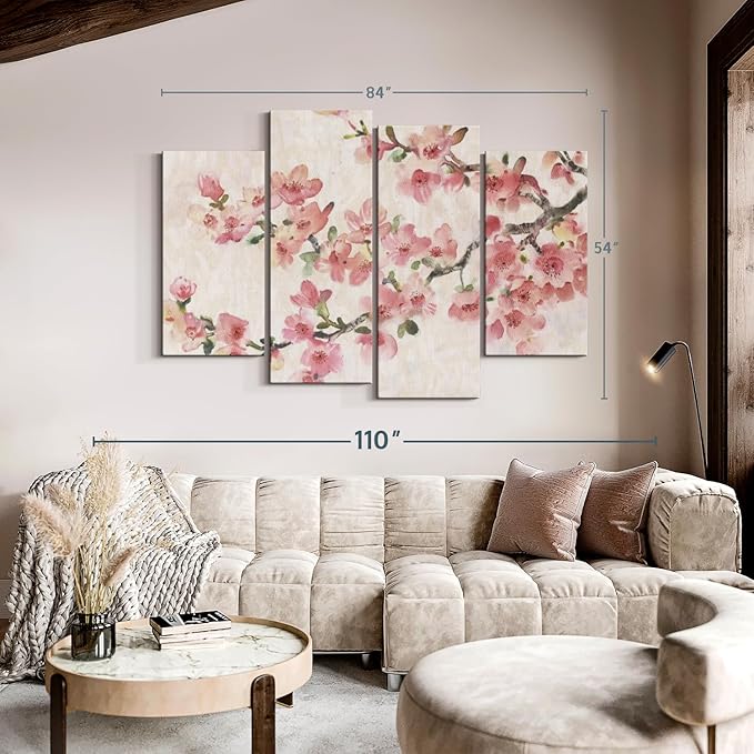 ElephantStock Cherry Blossom Composition I Wall Art - Horizontal Canvas - 4-Piece Living Room Wall Decor - Branch Painting Canvas Print - Pink and Green Decor for Wall by Tim O'Toole - 84" X 54"