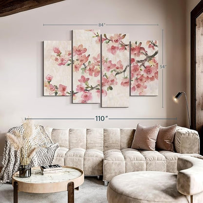 ElephantStock Cherry Blossom Composition I Wall Art - Horizontal Canvas - 4-Piece Living Room Wall Decor - Branch Painting Canvas Print - Pink and Green Decor for Wall by Tim O'Toole - 84" X 54"