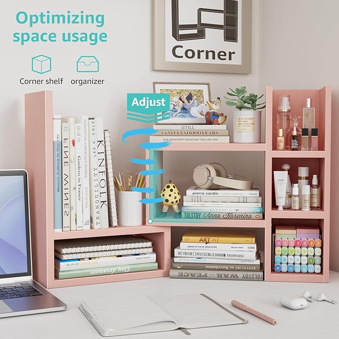 Desk Shelves Desktop Organizer Shlef - Pink Office Organization for Top of Desk Organizers and Accessories Corner Bookshelf Table Top Shelving Small Hutch Decorations for Office