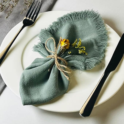 Handmade Cloth Napkins with Fringe,18 x 18 Inches Cotton Linen Napkins Set of 12 Versatile Handmade Square Rustic Fringe Napkins for Dinner, Wedding and Parties, Sage